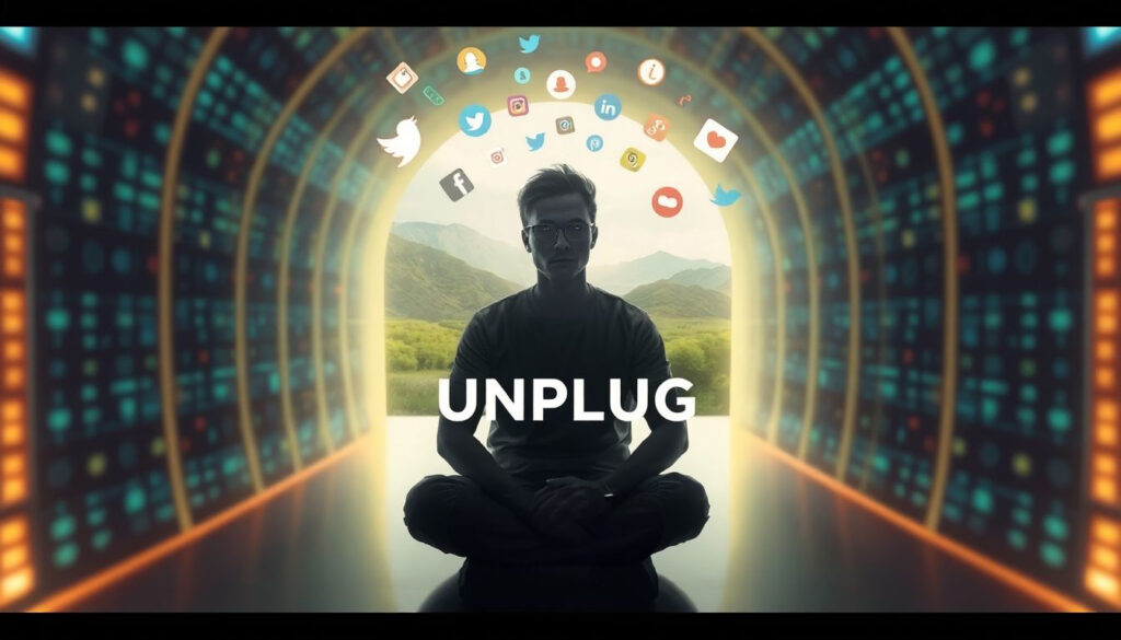 Person sitting cross legged in glowing digital tunnel illuminated face floating social media