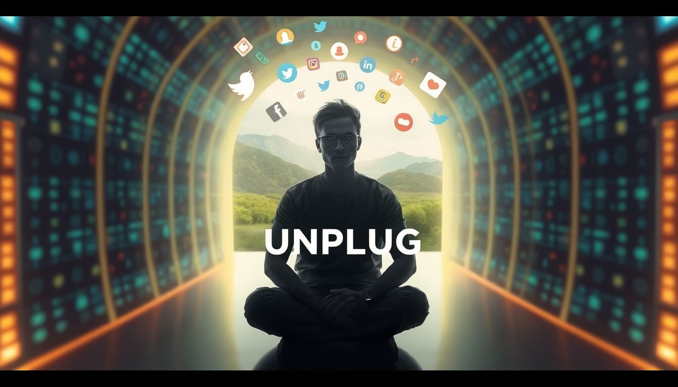 Person sitting cross legged in glowing digital tunnel illuminated face floating social media